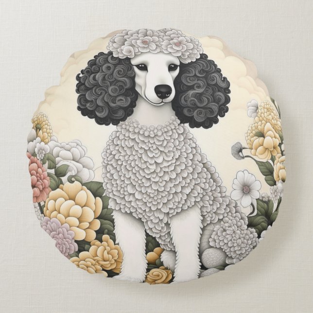 Almofada Redonda Poodle in Whimsical Flowers (Frente)