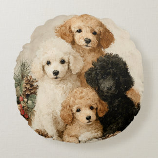 Almofada Redonda Poodle Puppies Vintage Christmas