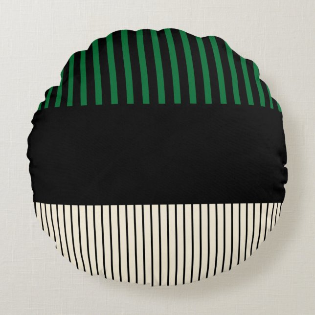 Almofada Redonda Pop de faixas de cor - verde, creme e preto (Frente)
