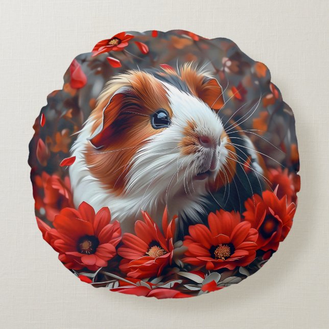Almofada Redonda Porco-guineense entre Flores Vermelhas (Frente)