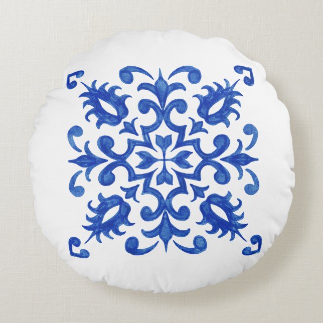 Almofada Redonda Portuguese Blue Tile central round medallion (Frente)