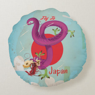 Almofada Redonda Poster de Viagens vintage de Dragão do Japão