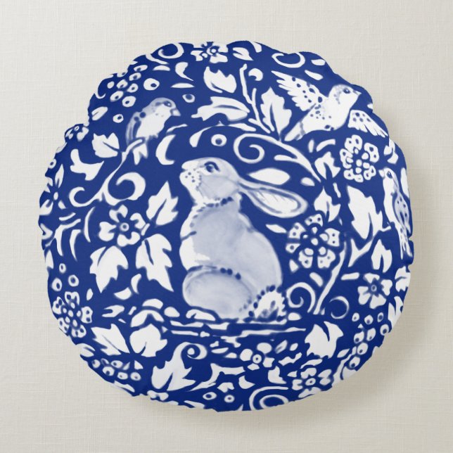 Almofada Redonda Potência de coelho azul e branco com aparência red (Frente)