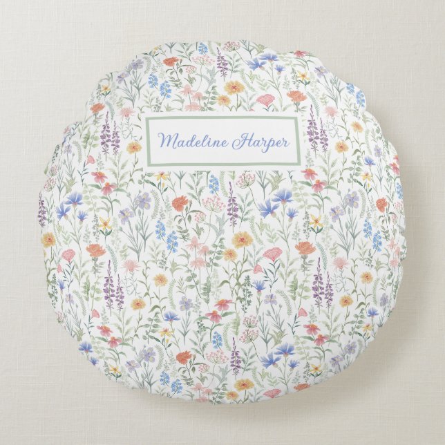 Almofada Redonda Prado de Flores Silvestres Coquette Personalizado  (Frente)