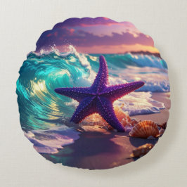 Almofada Redonda Praia oceânica com estrelas-do-mar violetas
