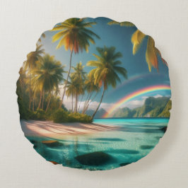 Almofada Redonda Praia Tropical Com Arco-Íris E Palmeiras