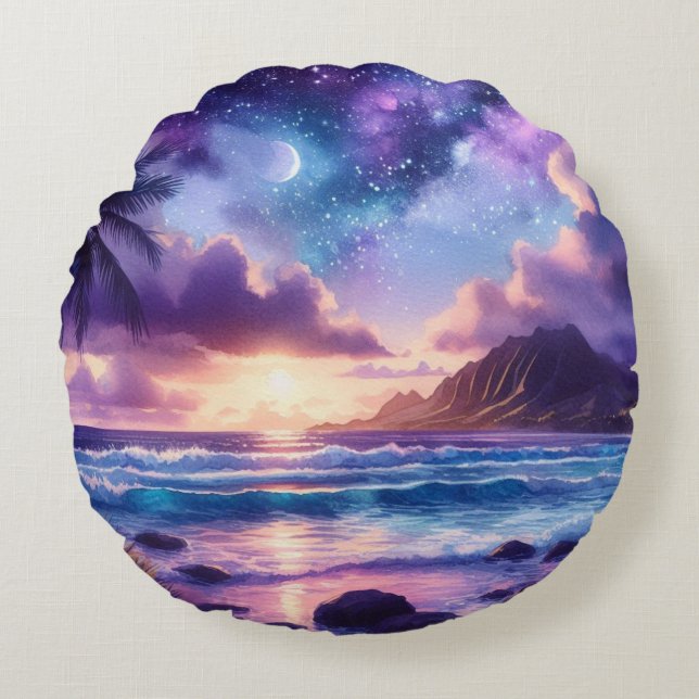 Almofada Redonda Praia Tropical da Lua Noturna Roxa (Frente)
