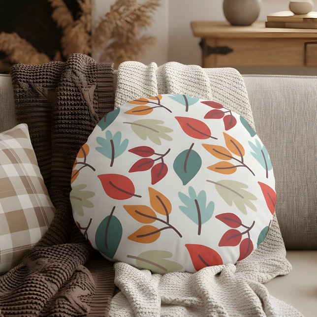 Almofada Redonda Preenchimento Feliz das folhas coloridas do outono (fall leaves pattern round pillow)