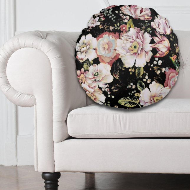Almofada Redonda Preppy bohemian country girchic black floral (Preppy bohemian country girly chic black floral round pillow)