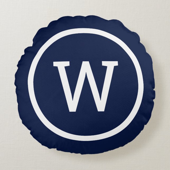 Almofada Redonda Preppy Monograma Moderno Elegante Azul Marinho (Frente)