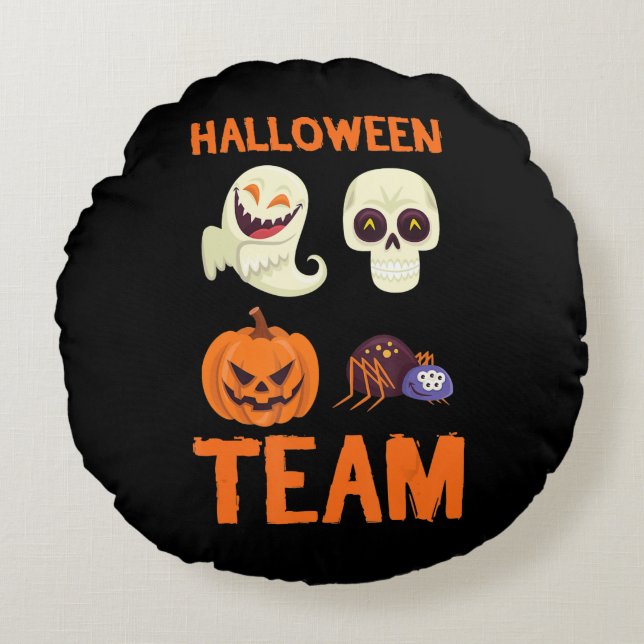 Almofada Redonda Presente de aranha | Equipe de Halloween Pumpkin G (Frente)