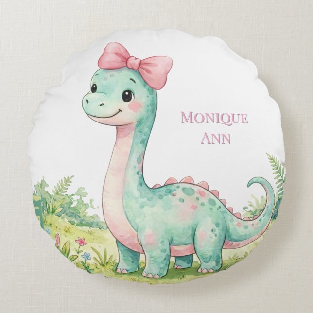 Almofada Redonda Presente de Chá de Bebê de Dinossauro Fofo com Laç (Frente)