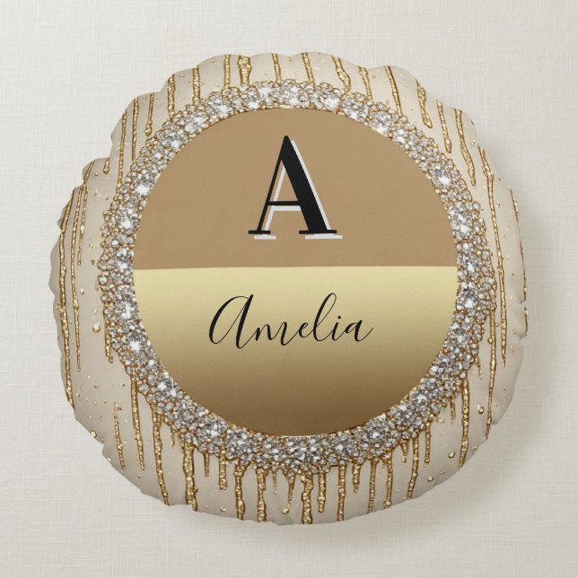 Almofada Redonda Presente Personalizado de Ouro com Monograma para  (Frente)