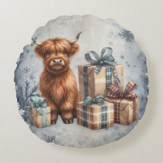 Almofada Redonda Presentes Vaca Highland Inverno Azul