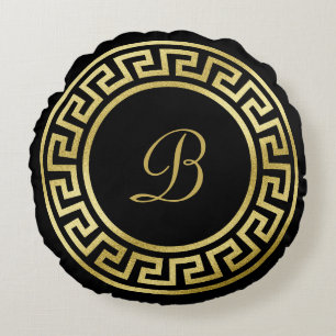 Almofada Redonda Preto chave grego do brilho Dourado elegante do