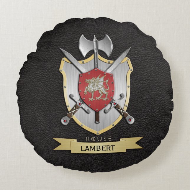 Almofada Redonda Preto da crista da batalha de Sigil do dragão (Frente)