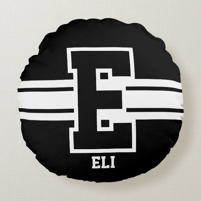 Almofada Redonda Preto e branco - todas as letras do esporte (Frente)