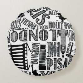 Almofada Redonda Preto e branco, travesseiro das cidades do mundo