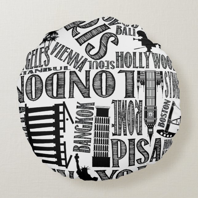 Almofada Redonda Preto e branco, travesseiro das cidades do mundo (Verso)