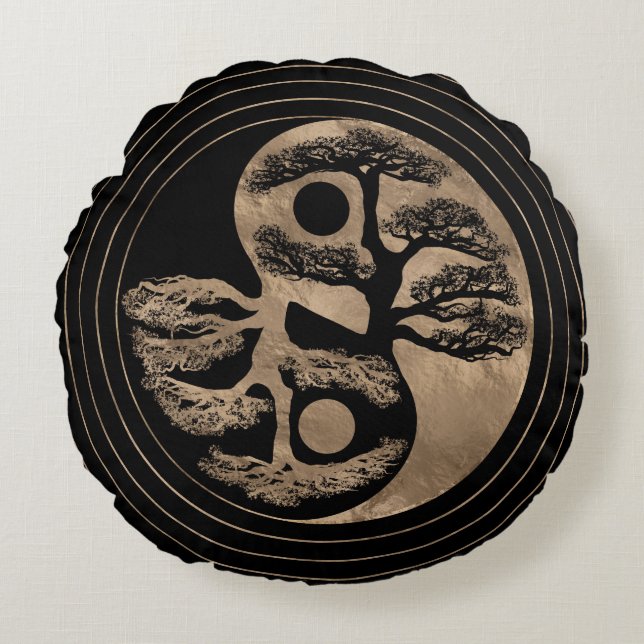 Almofada Redonda Preto e ouro da árvore de Yin Yang (Frente)