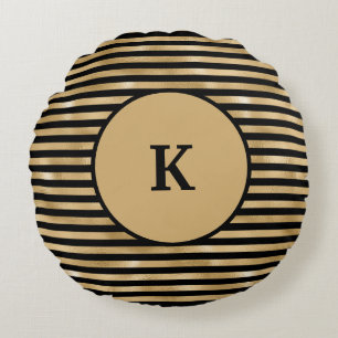 Almofada Redonda Preto Monogramado e Listrado de Dourado Chic Moder