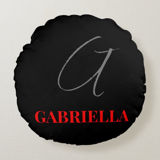 Almofada Redonda Preto Vermelho Branco Seu Nome Monograma Inicial (Frente)