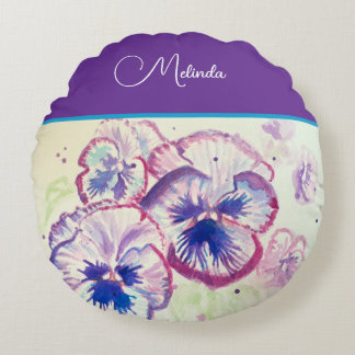 Almofada Redonda Pretty Floral Pastel Pansy Purple Watercolor 