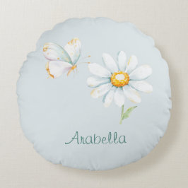 Almofada Redonda Pretty Pastel Watercolor Butterfly and Daisy