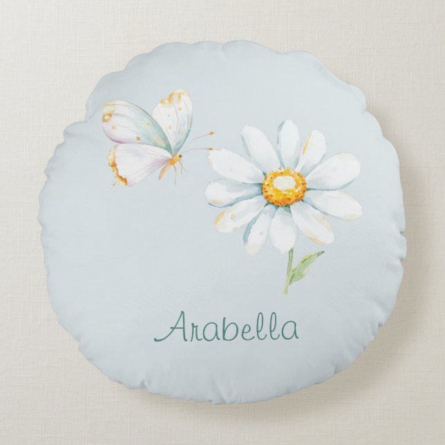 Almofada Redonda Pretty Pastel Watercolor Butterfly and Daisy (Frente)