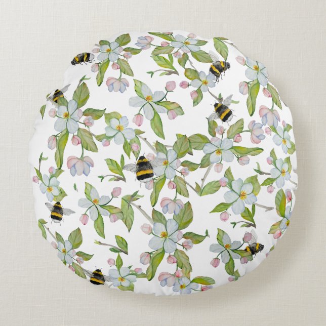 Almofada Redonda Primavera jardim florescente e mamangabas (Frente)