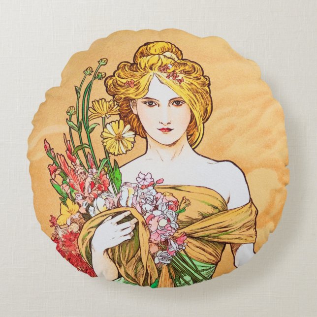Almofada Redonda Primavera, Travesseiro decorativo Alphonse Mucha (Frente)