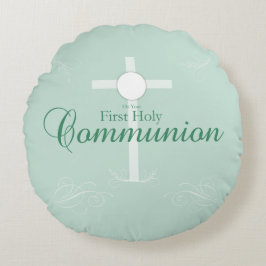 Almofada Redonda Primeira Comunhão Sagrada, Script em Verde Suave