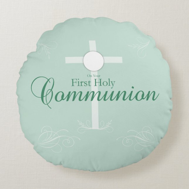 Almofada Redonda Primeira Comunhão Sagrada, Script em Verde Suave (Frente)