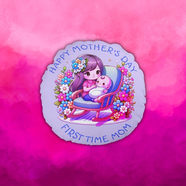 Almofada Redonda Primeira vez que mamãe feliz Dia de as mães | (Criador carregado)