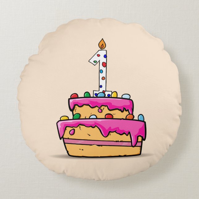 Almofada Redonda Primeiro aniversario, 1 no Bolo Rosa Doce (Frente)