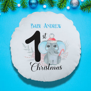 Almofada Redonda Primeiro Natal do Bebê Elefante Azul Adorável Lemb