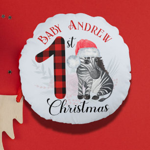 Almofada Redonda Primeiro Natal do Bebê Zebra Fofo Chapéu de Papai 