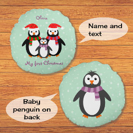 Almofada Redonda Primeiro texto personalizado dos pinguins de Natal