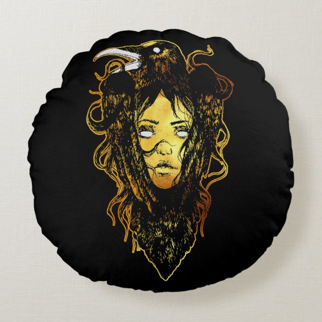 Almofada Redonda Princesa Embriagada por um Corvo (Frente)