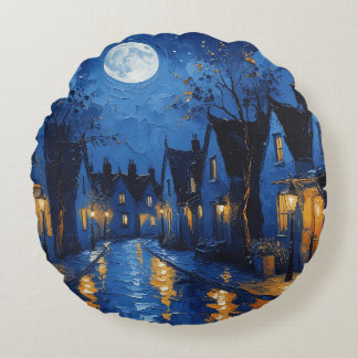 Almofada Redonda Pueblo de noche con luces y faroles