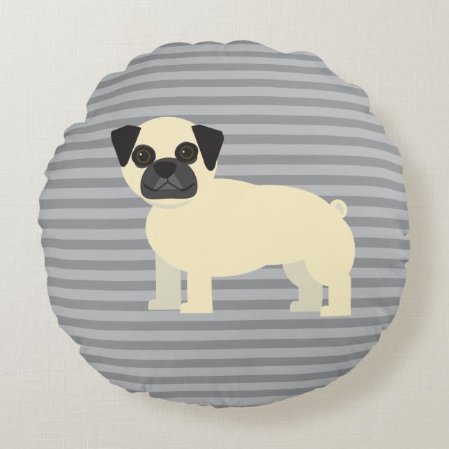 Almofada Redonda Pug Cinza Listrado (Frente)