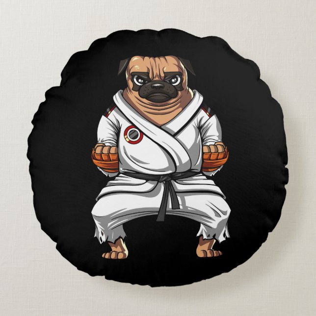 Almofada Redonda Pug Dog Karate Ninja Artes Marciais Pet (Frente)