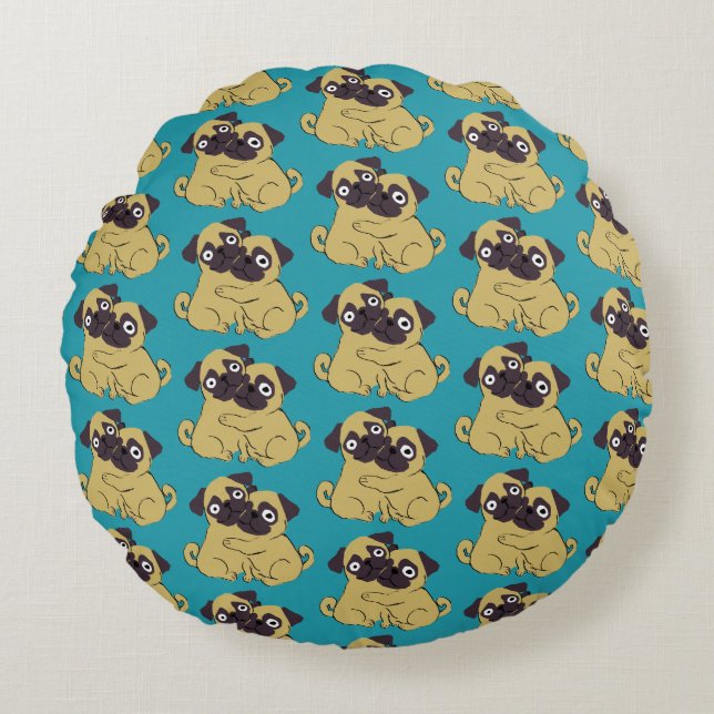 Almofada Redonda Pug hug Blue, (Frente)
