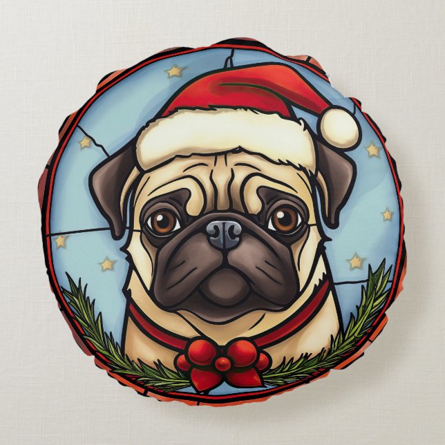 Almofada Redonda Pug Vidro Pintado Natal (Verso)