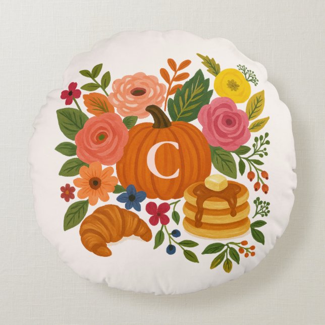 Almofada Redonda Pumpkin Floral Monogram Round Pillow Fall (Frente)