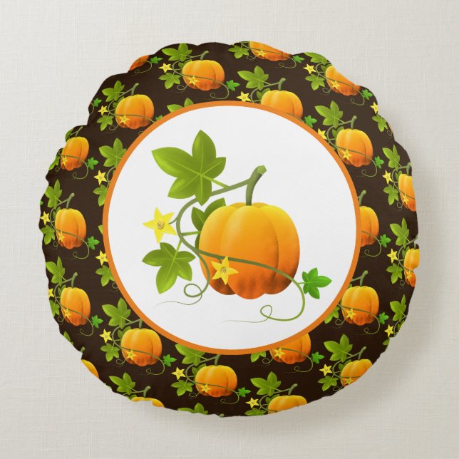 Almofada Redonda Pumpkin Patterno na Estação de Queda Escura (Frente)