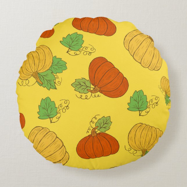 Almofada Redonda Pumpkin seamless pattern. Hand drawn doodle brushe (Frente)