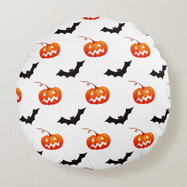 Almofada Redonda Pumpkins e Morcegos, Truque ou Tratar, Boo (Frente)