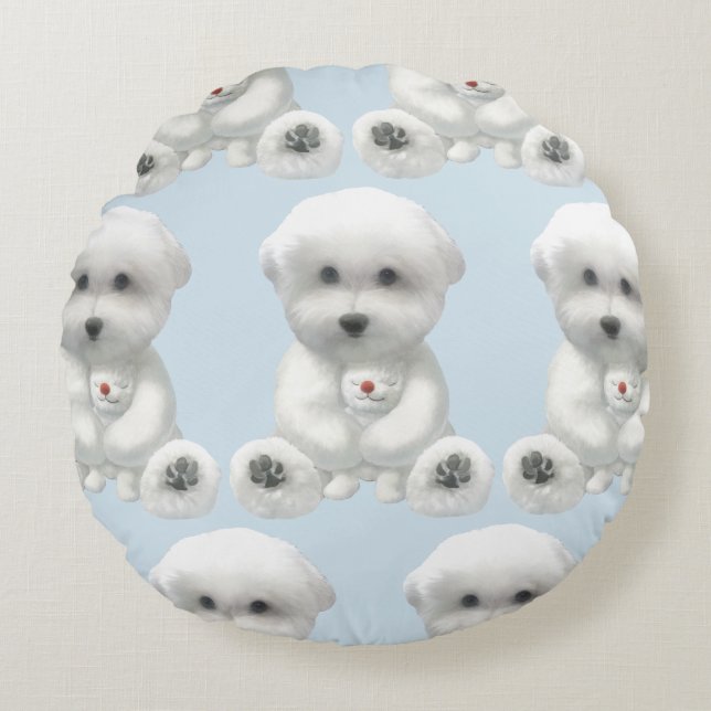 Almofada Redonda Puppy Abraçando Seu Brinquedo (Frente)