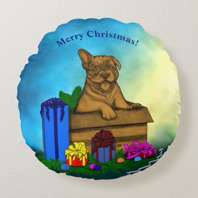 Almofada Redonda Puppy em uma caixa, Merry Xmas (Frente)
